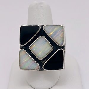 Women’s Sterling Silver Black Onyx & Opal Bezel Set Adjustable Ring
